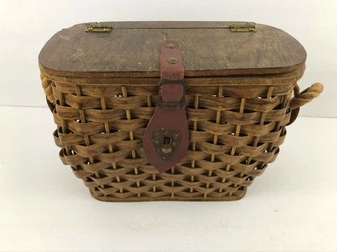 Vtg Rustic Woven Wood Basket Leather Rope Handle With Latch Farm Decor As Is L2 Cover