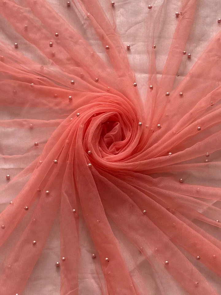 ELEGANT SOFT PEARL BEADED BRIDAL LACE FABRIC TULLE NET 60” WIDE DRESS SCARVES - Image 1 of 1