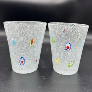 Set of 2 Millefiori Bubble Hand Blown Art Glass Drinking Tumbler Murano Style 4” - Picture 1 of 6
