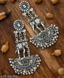 Elephant Style Oxidized Silver Look Jhumka Beautiful Trendy Jewelry For Her - Picture 1 of 4