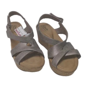 Clarks Collection Women Sandals US 11 Cork Wedge Contour Cushion Metallic NEW    - Picture 1 of 13