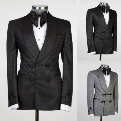 Terno masculino xadrez xadrez peito duplo xale lapela casamento personalizado elegante - Imagem 1 de 4
