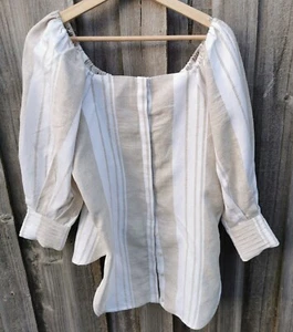 COUNTRY ROAD Sz 6 Linen Blend Striped Sleeve Blouse Top Off Shoulder - Picture 1 of 15