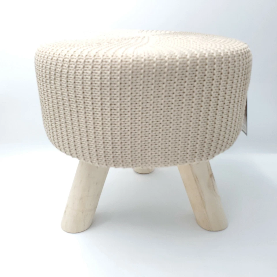 Foot Stool Round Natural Tan Boho Scandinavian Pouf Floor Ottoman Wood New 11"  - Image 1 of 4