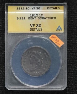 1812 Classic Head Large Cent ANACS VF-30 Details Scratched S-291 2VS9 - Picture 1 of 5