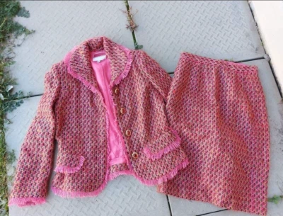 Oscar De La Renta Clásico Tweed Rosa Traje Blazer y Falda 10 UK 6/8 EE. UU. Foto 1 de 4