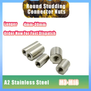 A2 Stainless Steel Round Studding Connector Nuts All Thread Rod Bar Sleeve Tube - Picture 1 of 8