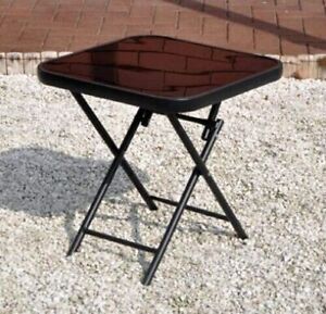 Folding End Table with Black Glass Top Small Durable Metal Indoor Outdoor Square