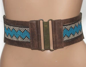 Wide Brown Corset Stretch Belt Blue Southwestern Motif  SIZE S/M - 32-38" long - Picture 1 of 8