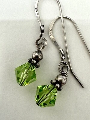 Sterling SIlver 925 & Peridot Color Crystal Drop Earrings 3/4 inch - Image 1 of 4