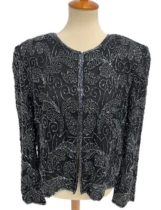 Vintage Papell Boutique Evening black beaded blazer open front size XL - Picture 1 of 11