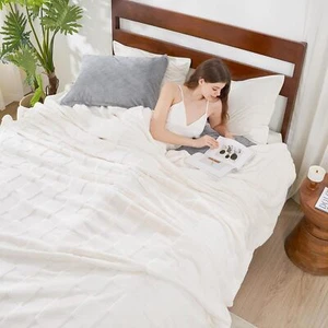 Plaid White Faux Rabbit Blanket, Lightweight Wool Blanket, Cream Blanket - Picture 1 of 9