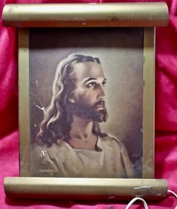 As Is Vintage 1941 Kriebel & Bates Jesus Litho Light Up Metal Scroll Wall Lamp - Picture 1 of 10