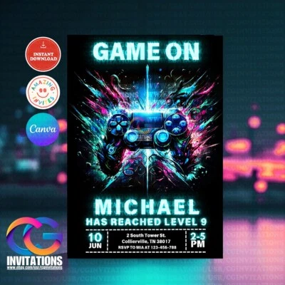 EDITABLE Game Controller Level Up Party Invitation Template, Instant Download - Image 1 of 4