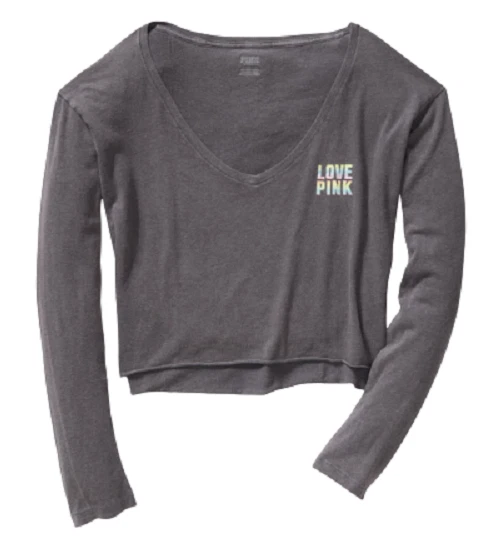 CAMISA VICTORIA'S SECRET LOVE ROSA CROP TOP MANGA LARGA ARCO IRIS LOGO XS S M L NUEVA CON ETIQUETAS Foto 1 de 1