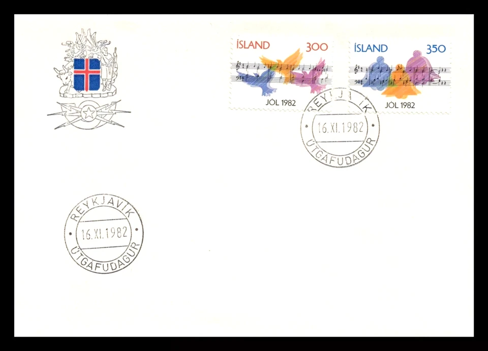 ICELAND 1982 CHRISTMAS MUSIC BIRDS & CHIMING BELLS SET  FDC UNADDR - Image 1 of 1