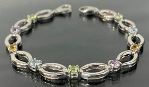 9K White Gold & Multi-Gemstones Bracelet 19cm - Picture 1 of 10