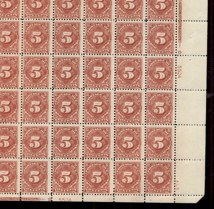 US #J64, 5¢ Postage Due, Complete sheet of 100, og, NH, Vf, scarce, Scott $3,410 - Image 1 of 1