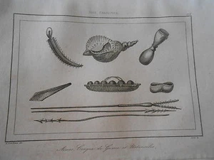 Gravure 1838 Océanie Iles carolines Armes Conques de guerre et Ustensiles - Foto 1 di 1