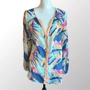 Sundance Top Women's Medium Blue Floral 100% Cotton Long Sleeve Button Down - Picture 1 of 9