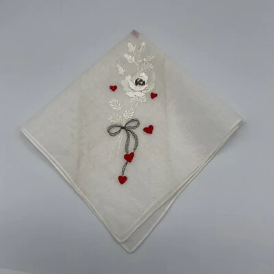 Vtg Valentine’s Day Handkerchief w/Embroidered Red Hearts And White Flowers - Image 1 of 4