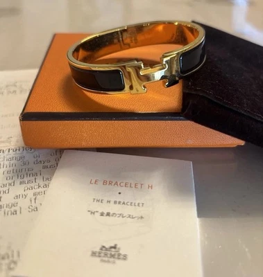 Brazalete Brazalete Hermes Esmalte Le Bracelet H Negro y Dorado con Caja Auténtico Foto 1 de 4
