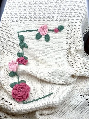 3D Ivory W/ Pink Flowers And Green Stems Hand Crochet 74"x45" Blanket - Image 1 of 4