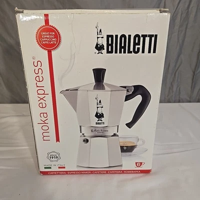 Bialetti Moka Express Espresso Maker 6 杯,意大利制造带盒说明 — 第 1/4 张图片
