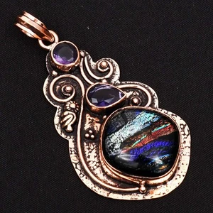 Fancy Dichroic Glass Amethyst Gemstone Pure Copper Pendant Jewelry 2.6" AP-63545 - Picture 1 of 1