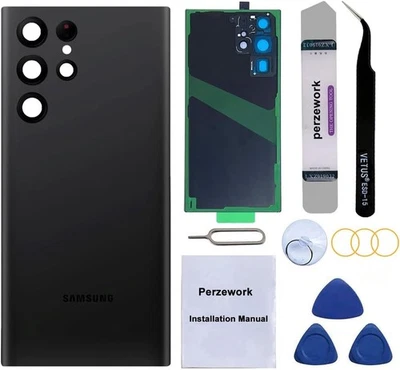 BRAND: PERZEWORK Rear Back Glass Replacement for Samsung Galaxy S22 Ultra 6.8 Phantom Black