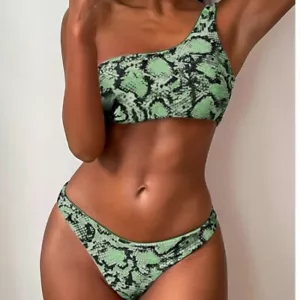 Zaful Women's Green Snake Print 2pcs Bathing Suit One Shoulder Bikini Set Size M - Picture 1 of 10
