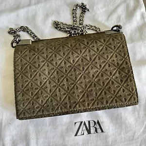 New Zara 100% Goat Leather Embossed Suede Crossbody Khaki Bag Purse 5318/304 - Picture 1 of 9