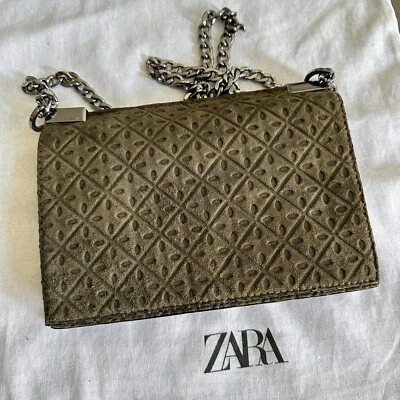New Zara 100% Goat Leather Embossed Suede Crossbody Khaki Bag Purse 5318/304 - Image 1 of 4