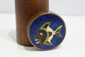 Design Teak Dose mit Emaille Deckel Fisch Motiv Messing 50er 60er Schibensky - Bild 1 von 6