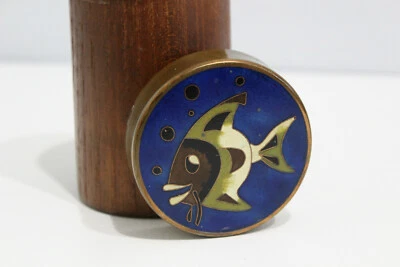 Design Teak Dose mit Emaille Deckel Fisch Motiv Messing 50er 60er Schibensky - Bild 1 von 4
