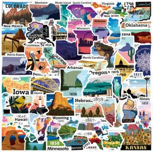 50 Pc USA States Map Stickers United States Travel Map Stickers Waterproof Vinyl - Picture 1 of 12