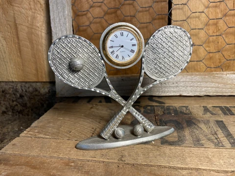Vintage Spoontiques Pewter Tennis Racket Desk Clock #7513 Cover