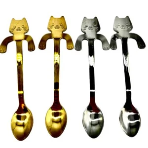 Cat Spoon Coffee Tea Spoon4PCS SilverGolden Stainless Steel Cute Mini Cat Spo... - Picture 1 of 9