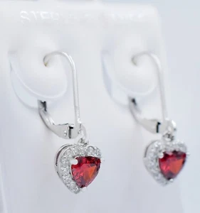 CREATED 0.48 Cts RHODOLITE & WHITE SAPPHIRE HEART DANGLING EARRINGS .925 Silver - Picture 1 of 6