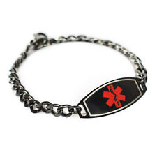 MyIDDr - Engraved Blood type A Alert, Steel Black ID & Curb Chain