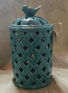 2 Piece Teal Container With Lid and Bird On Top, Almost 10" Tall - Picture 1 of 3