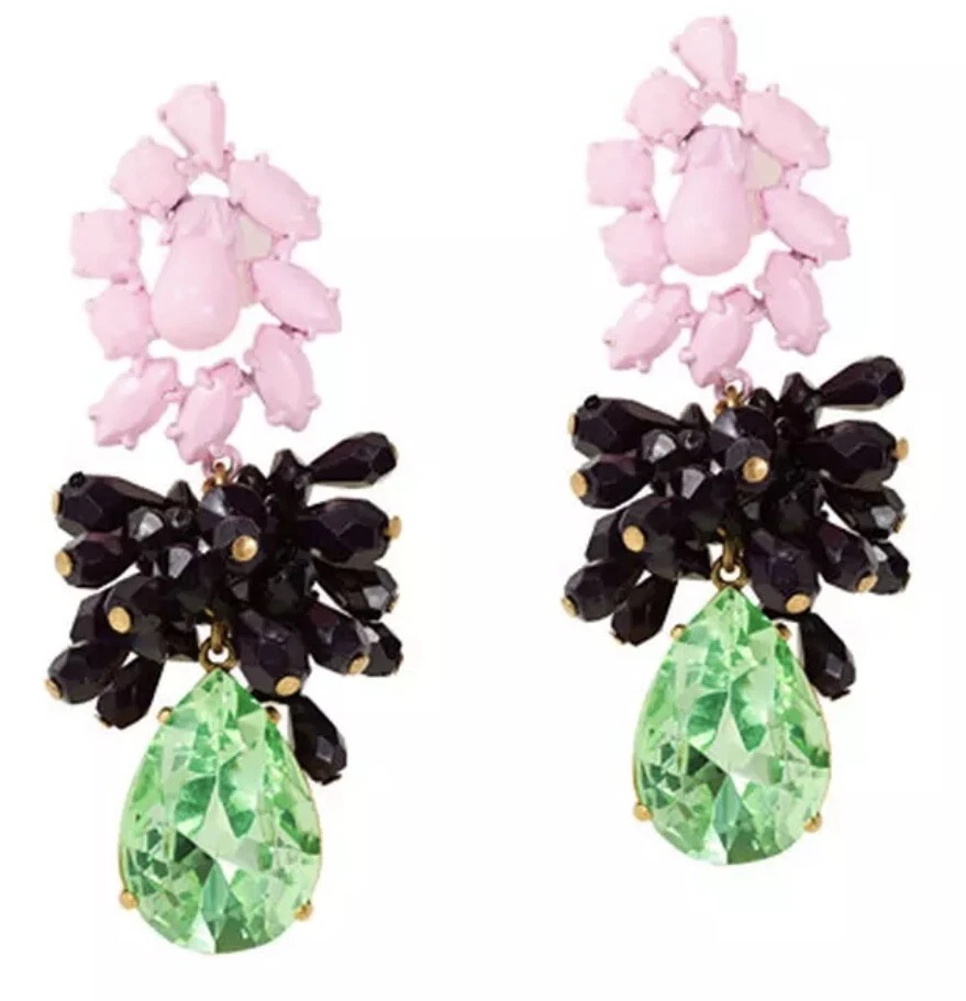 J CREW BRIGHT MIXED MEDIA PINK, GREEN & BLACK DROP EARRINGS PIERCED EARS- 3 INCH - Image 1 of 4