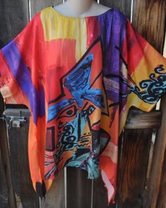 DILEMMA HAND PAINTED PICASSO INSPIRED ART SILK ART TO WEAR LONG PONCHO TUNIC,OS - Picture 1 of 4