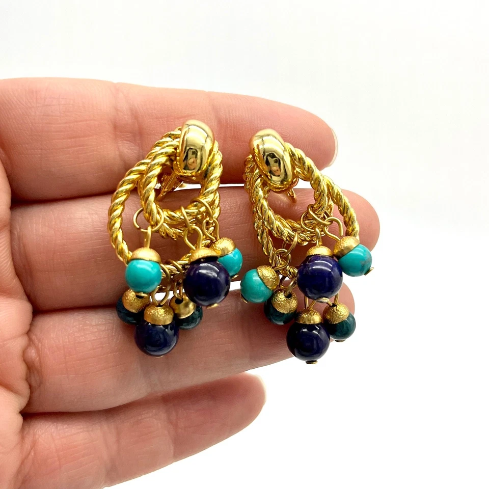 Pendientes colgantes Diane Von Furstenburg tono dorado azul turquesa cuentas clip Foto 1 de 4