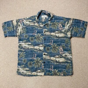 Clearwater Hawaiian Shirt Mens XL Slim Fit Blue Beach Landscape Palm Trees USA - Picture 1 of 9