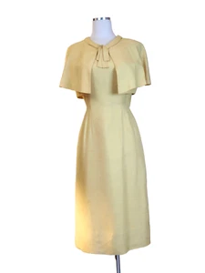 Medium 1960s Wiggle Dress Yellow Cocktail Party Sleeveless w/ ShoulderCape - Picture 1 of 8