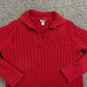 VTG LL Bean Sweater Womens L Red Aran Cable Knit Fisherman V Neck Sweatshirt 90s - Picture 1 of 11