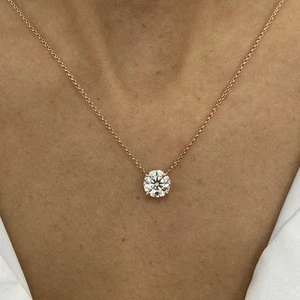 Diamond Pendant Solitaire Necklace E VS1 Round 1 Carat Lab Created 14K Rose Gold - Picture 1 of 10