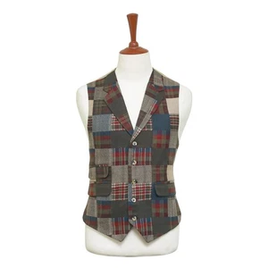 Mens Vest 44R Patchwork Wool Plaid Waistcoat Western Casual Preppy Wedding Party - Picture 1 of 9