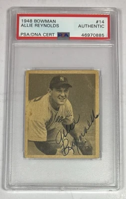 1948 Bowman ALLIE REYNOLDS PSA SIGNED AUTO RC ROOKIE Baseball Card #14 NYY  Rare - Image 1 of 2